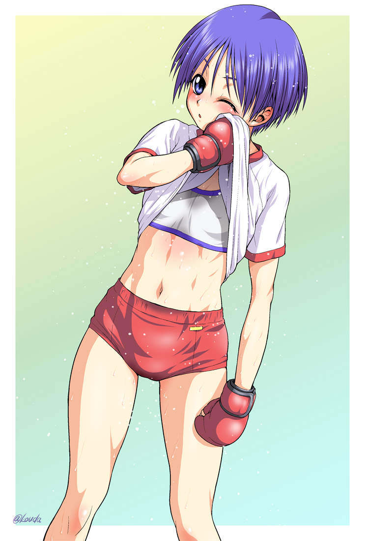 1girl, ;o, bare_arms, bare_legs, blue_eyes, blue_hair, blush, body_blush
