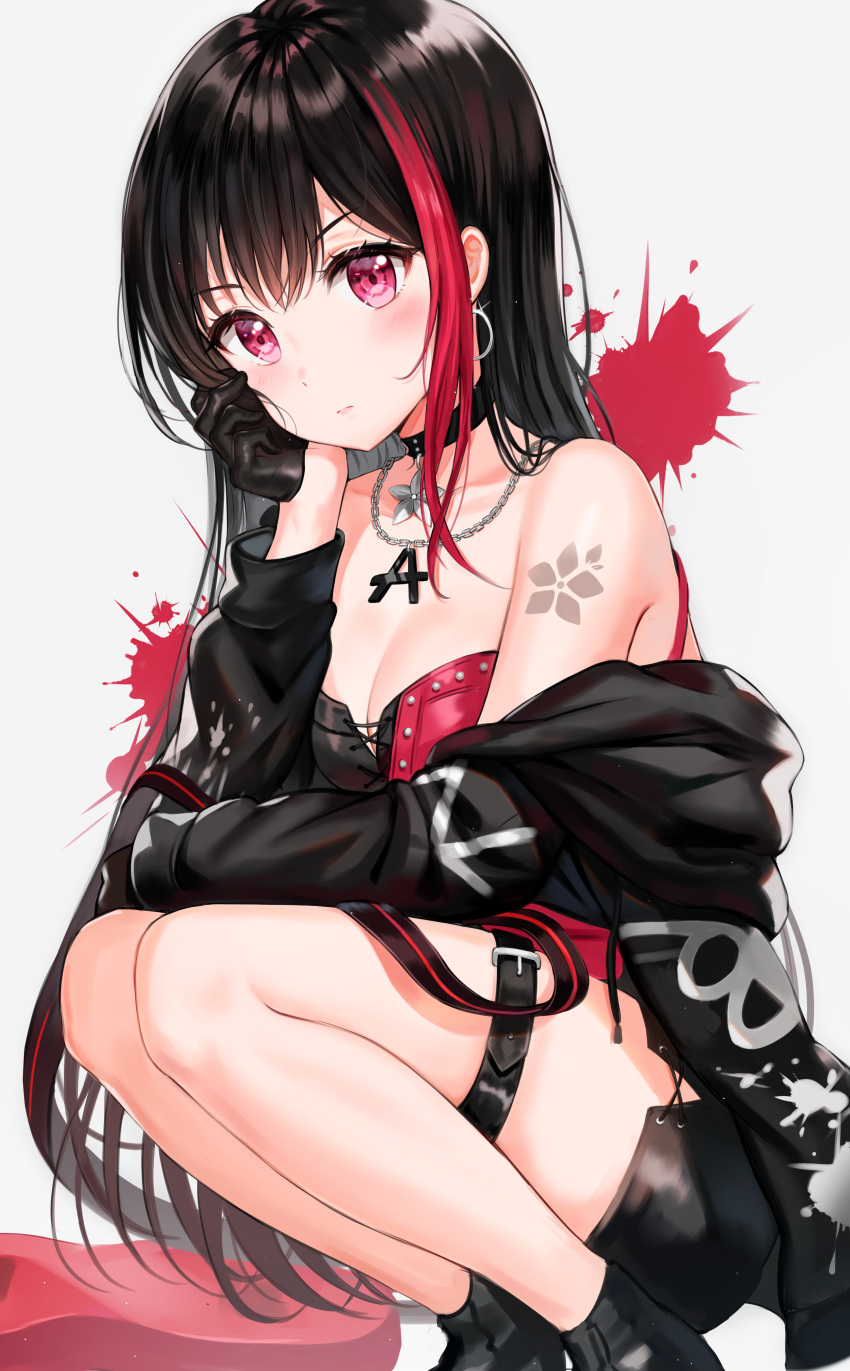 1girl, absurdres, alternate_hair_length, alternate_hairstyle, bang_dream!, bare_shoulders, black_choker, black_footwear, black_gloves, black_hair, black_jacket, black_skirt, blush, breasts, chains, cheek_rest, choker, cleavage, closed_mouth, collarbone, earrings, frown, glint, gloves, grey_flower, guitar, head_tilt, highres, instrument, jacket, jewelry, leg_belt, long_hair, long_sleeves, looking_at_viewer, looking_to_the_side, medium_breasts, miniskirt, mitake_ran, multicolored_hair, off_shoulder, paint_splatter, pencil_skirt, redhead, shoes, skirt, solo, squatting, strap, streaked_hair, tattoo, tokkyu_(user_mwwe3558), v-shaped_eyebrows, very_long_hair, violet_eyes, white_background
