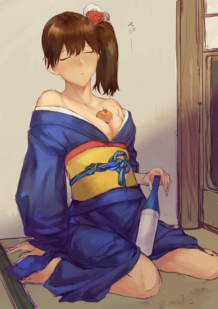 1girl, bare_shoulders, between_breasts, blush, bottle, breasts, brown_hair, cleavage