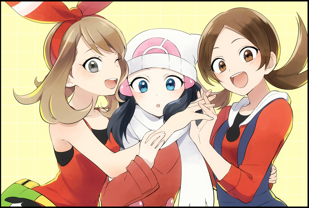 3girls, ;d, all_fours, bangs, black_hair, bow, brown_eyes, brown_hair