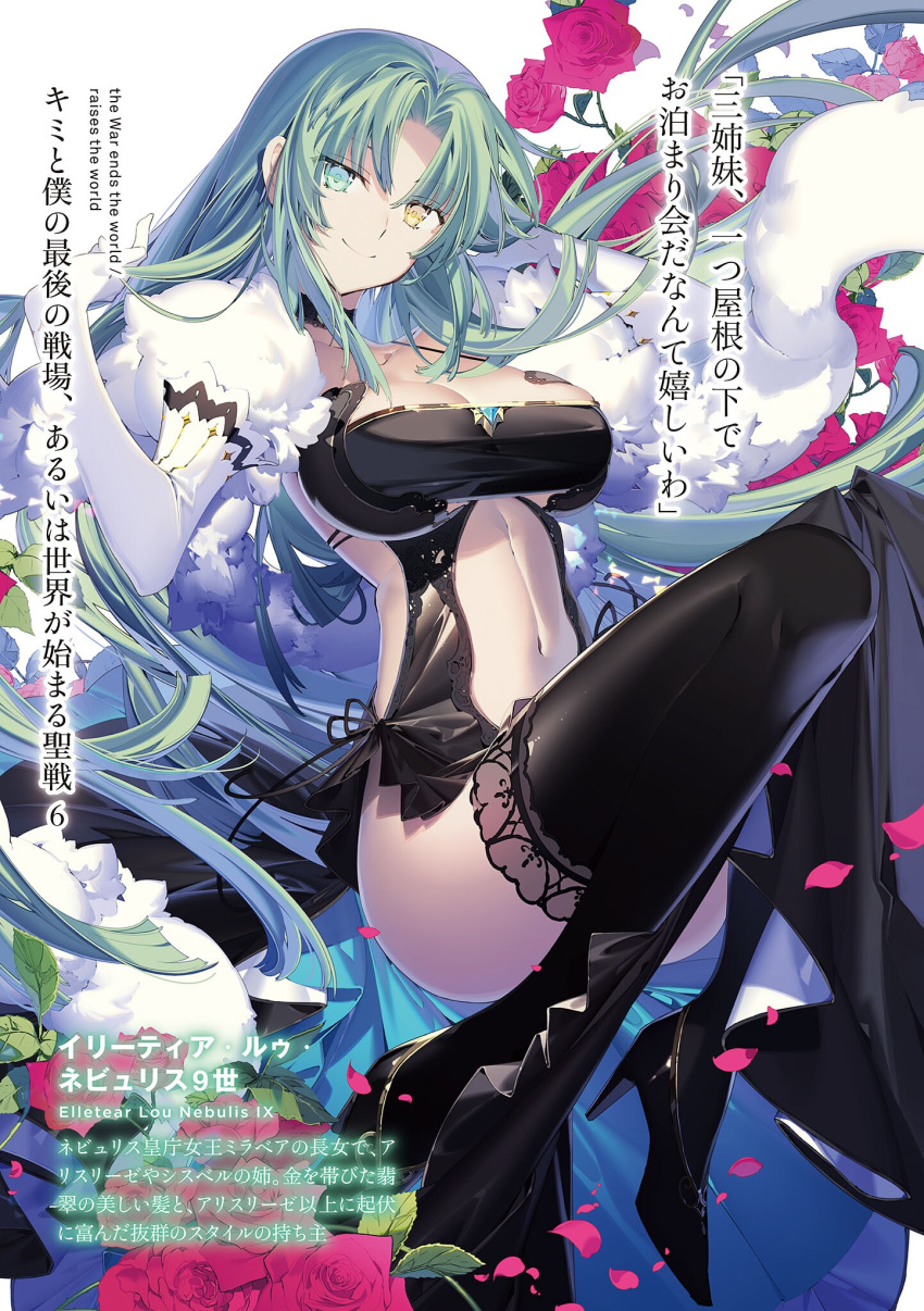 1girl, black_dress, black_footwear, black_legwear, breasts, character_name, cleavage, dress