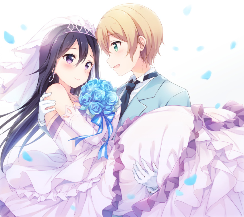 2boys, black_hair, black_neckwear, blonde_hair, blue_flower, blue_ribbon, blue_rose, blue_suit, blush, bouquet, bridal_veil, carrying, collared_shirt, crossdressinging, dress, earrings, elbow_gloves, eugeo, flower, formal, frilled_dress, frills, gloves, green_eyes, hair_between_eyes, hazuki_(sutasuta), highres, holding, holding_bouquet, husband_and_husband, jewelry, kirito, kirito_(sao-ggo), long_hair, looking_at_another, male_focus, multiple_boys, necklace, necktie, petals, princess_carry, ribbon, rose, shirt, smile, striped, striped_ribbon, suit, sword_art_online, tiara, trap, veil, violet_eyes, wedding, wedding_dress, white_gloves, yaoi