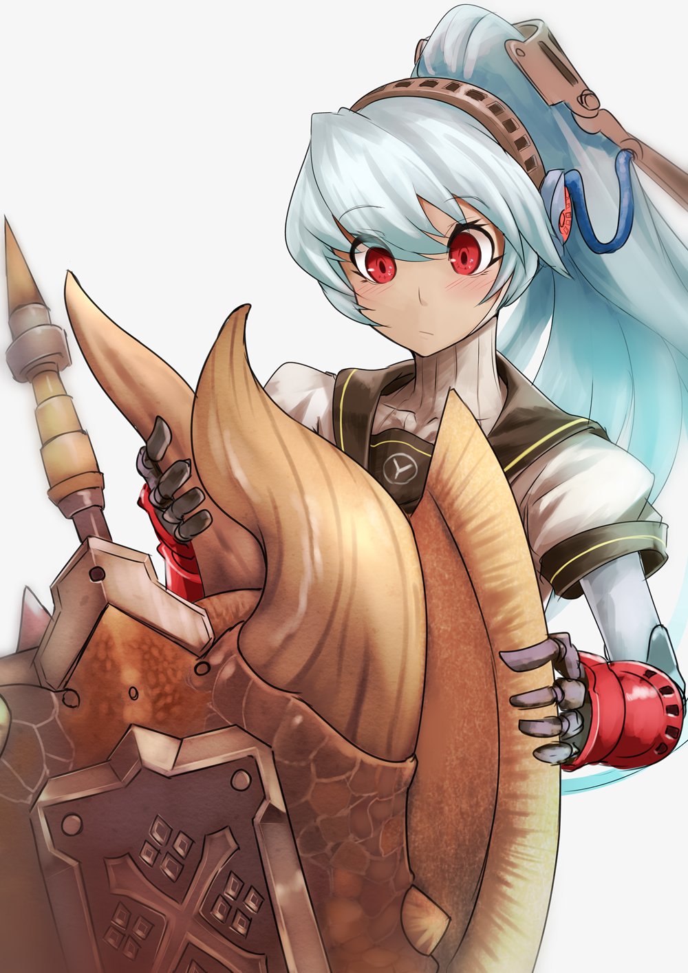 1girl, android, blue_hair, blush, cable, charge_blade, highres, labrys