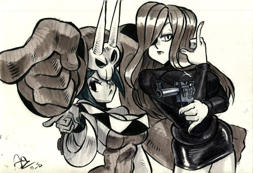 2girls, alex_ahad, breasts, cerebella_(skullgirls), cross, cross_necklace, crossover, facial_tattoo
