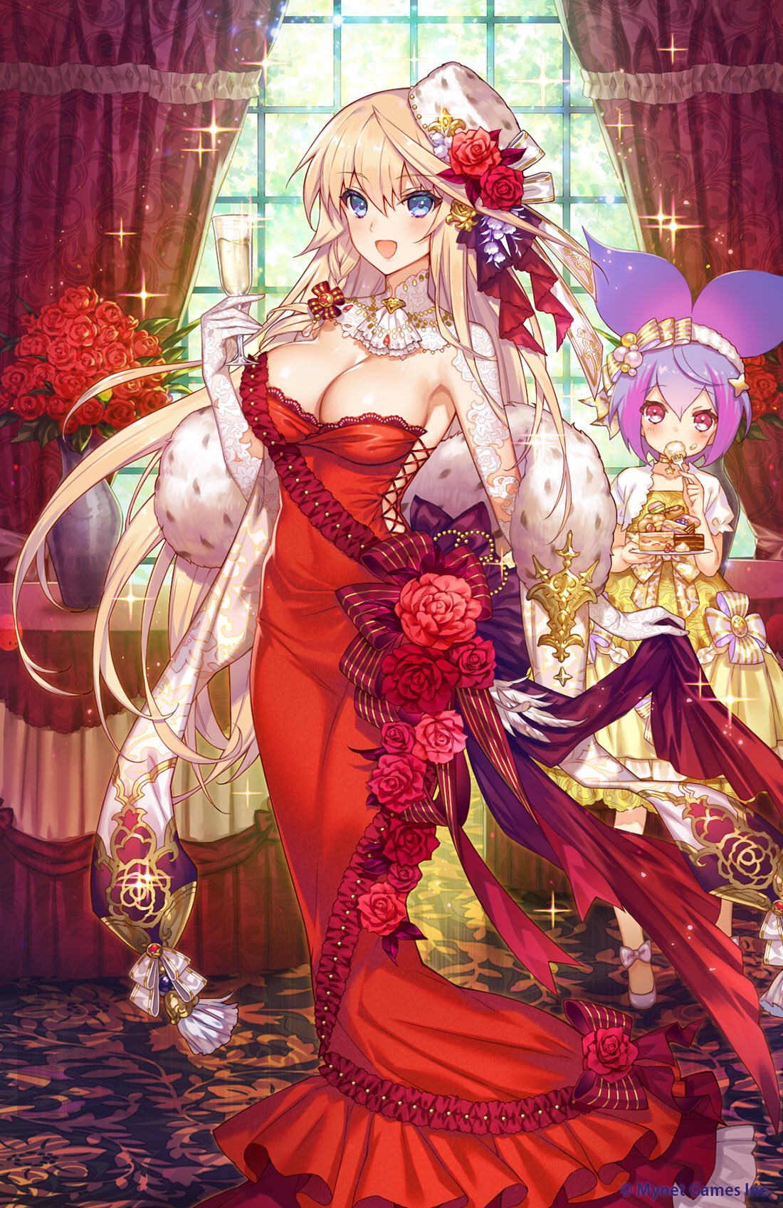 2girls, age_of_ishtaria, blonde_hair, blue_eyes, breasts, cake, cleavage, clothing_request