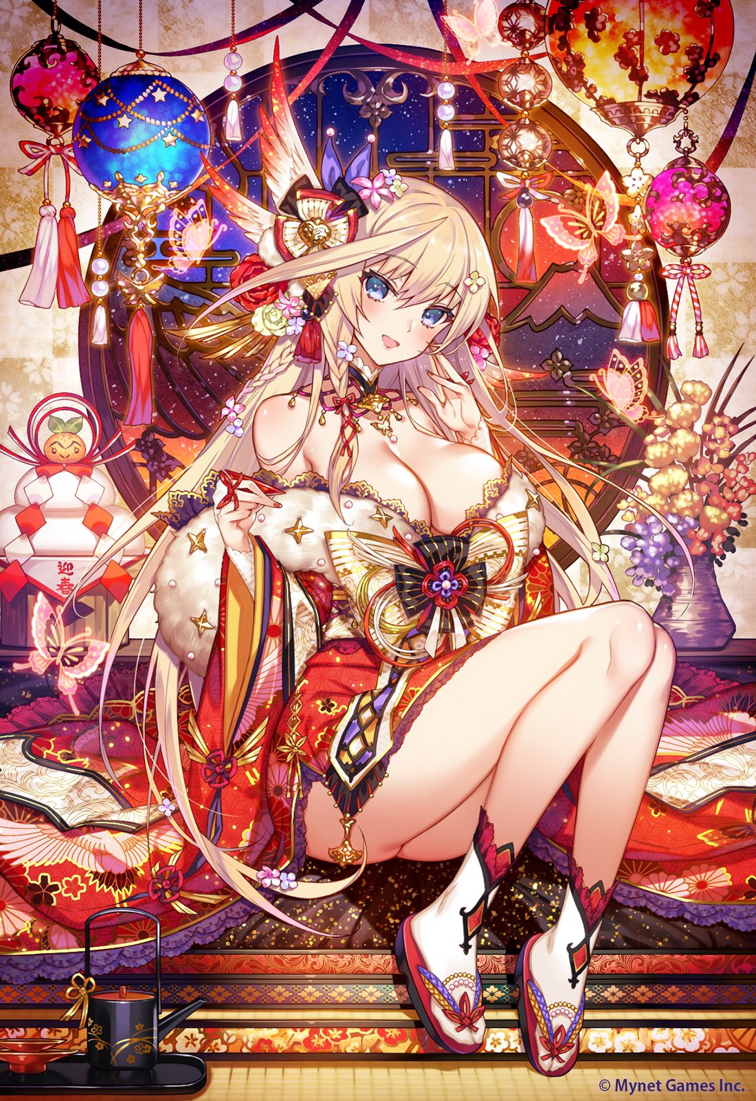 1girl, age_of_ishtaria, blonde_hair, blue_eyes, blush, breasts, bug, butterfly