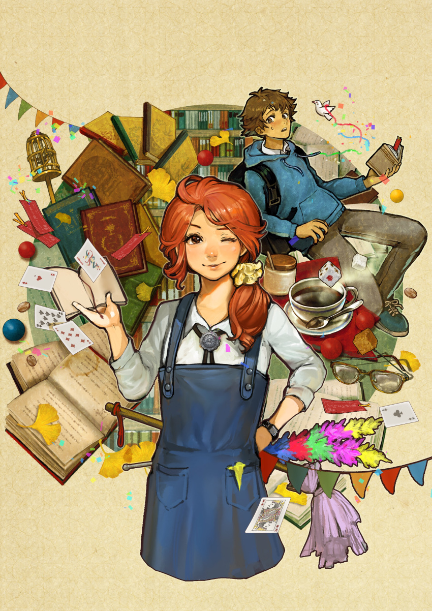 1boy, 1girl, ;), absurdres, backpack, bag, ball, bird, birdcage, blue_footwear, blue_hoodie, blue_overalls, book, bookmark, bookshelf, brown_eyes, brown_hair, cage, card, coffee, dice, feather_duster, ginkgo_leaf, glasses, hair_ornament, hair_over_shoulder, hair_scrunchie, hand_on_hip, highres, hood, hood_down, idarintarou, jewelry, necklace, one_eye_closed, open_book, original, overalls, playing_card, redhead, saucer, scrunchie, shoes, smile, sneakers, spoon, string_of_flags, sugar, sugar_cube, watch, watch, yellow-framed_eyewear, yellow_scrunchie