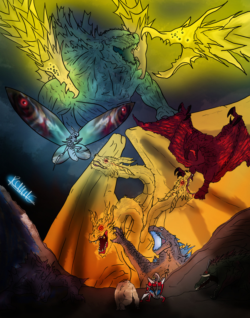 2girls, 6+boys, acceptor, animal, armor, aura, battle, bioluminescence