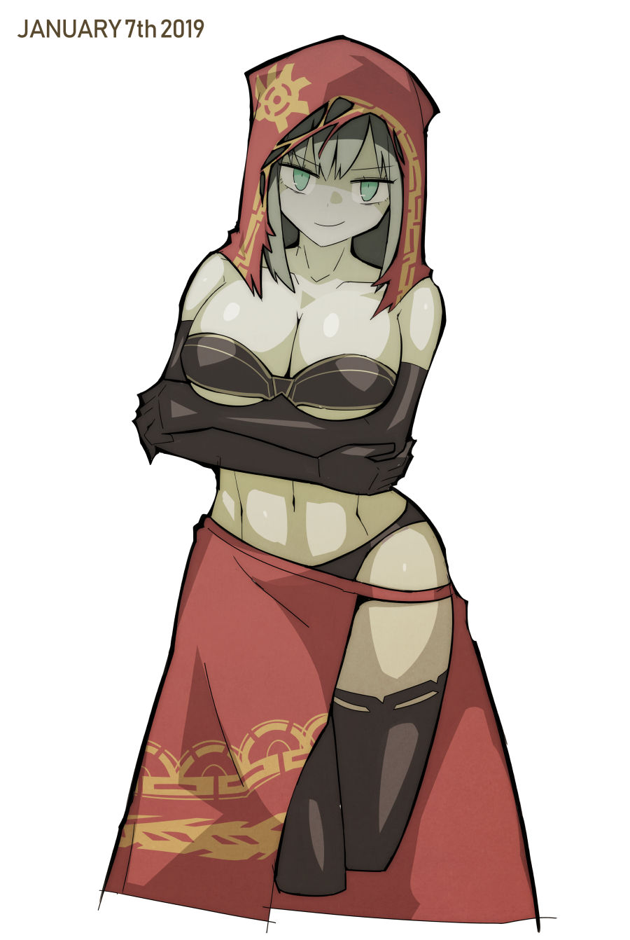 1girl, arms_under_breasts, bare_chest, bare_shoulders, black_bra, black_gloves, black_legwear, black_panties