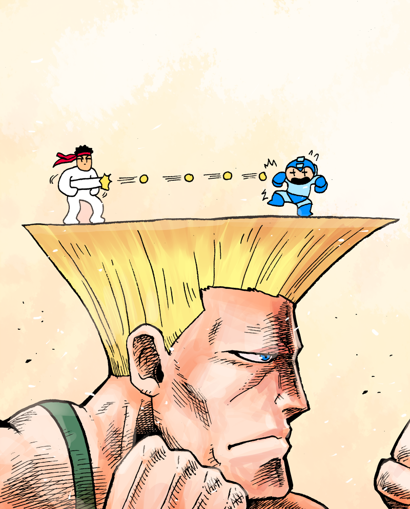 black_hair, blonde_hair, blue_eyes, chibi, fighting_stance, firing, flattop, guile