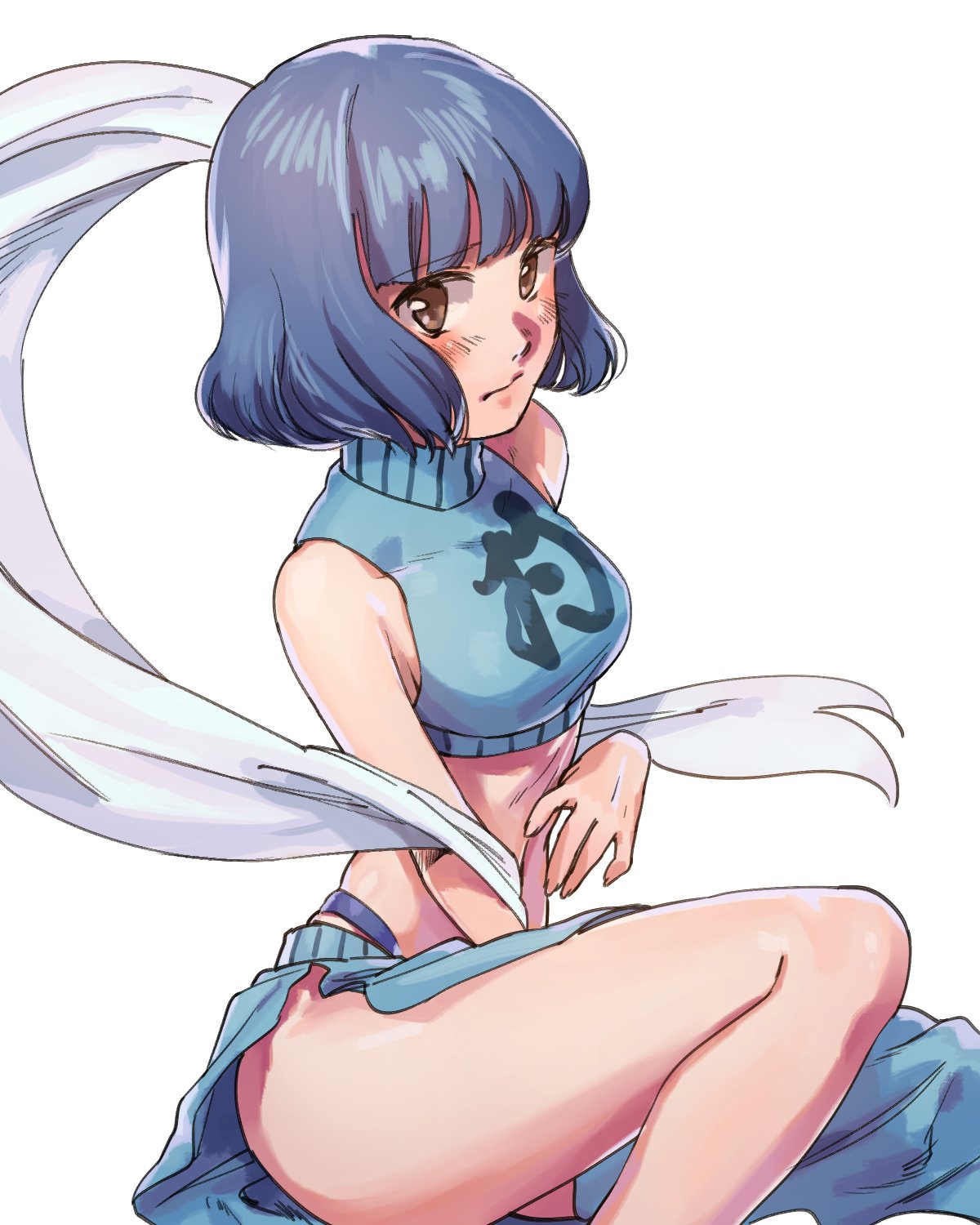 1girl, akabino, bangs, bare_arms, bare_shoulders, blue_hair, blush, breasts