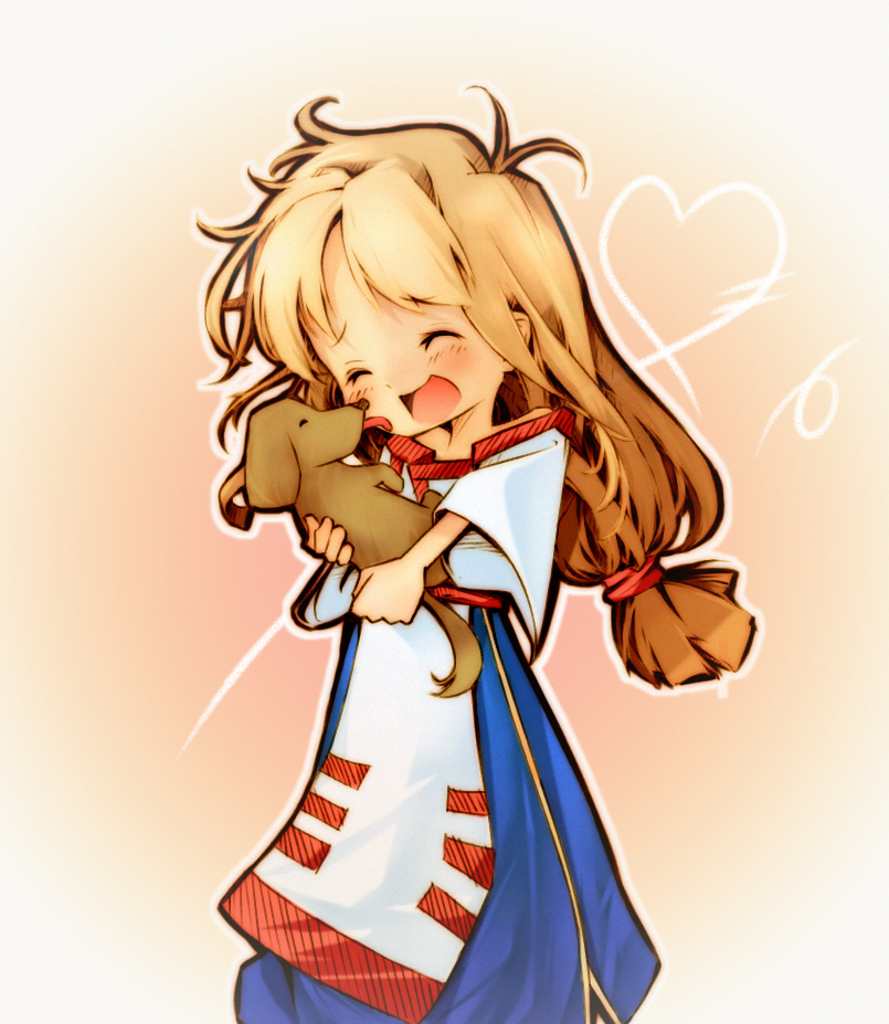 1girl, arc_the_lad, arc_the_lad_ii, bare_shoulders, blonde_hair, commentary_request, dog, dress, idzu_lpg, lieza, long_hair, low-tied_long_hair, open_mouth, smile, solo