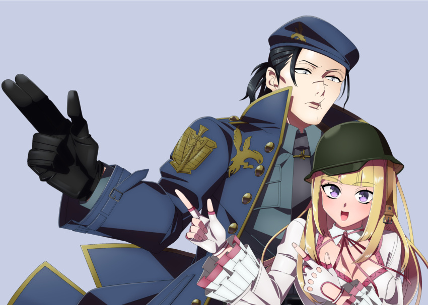 1boy, 1girl, bangs, beret, black_hair, blonde_hair, eyebrows_visible_through_hair, fingerless_gloves