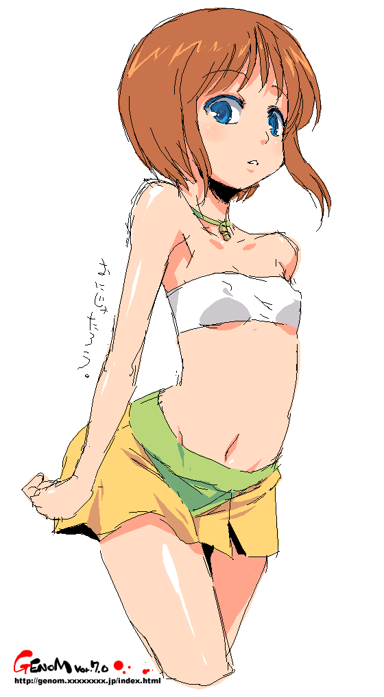bare_shoulders, blue_eyes, brown_hair, elpeo_puru, flat_chest, gundam, gundam_zz, midriff
