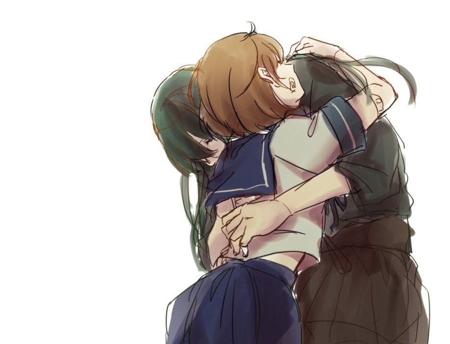 bandaid, bandaid_on_face, green_hair, height_difference, hug, kantai_collection, long_hair, oboro_(kantai_collection), satou_(310null), school_uniform, skirt, yuri, zuikaku_(kantai_collection)