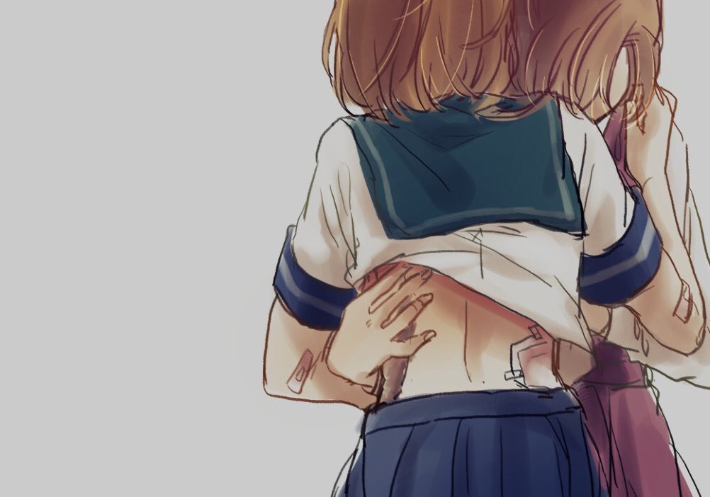 akigumo_(kantai_collection), bandage, bandaid, brown_hair, hug, kantai_collection, long_hair, oboro_(kantai_collection)