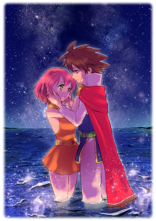 1boy, 1girl, blue_eyes, border, bracelet, brown_hair, butz_klauser, cape