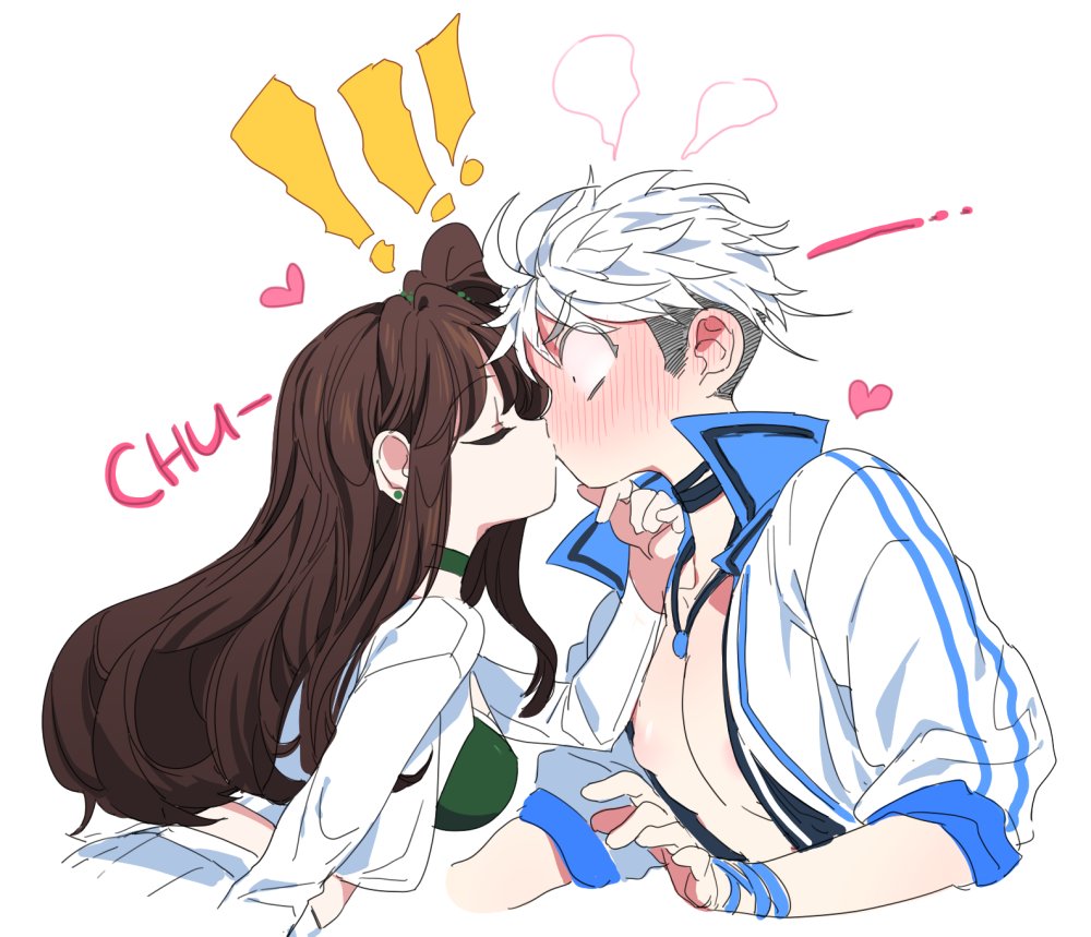 1boy, 1girl, alfi_(tok), blush, brown_hair, choker, closed_eyes, constricted_pupils