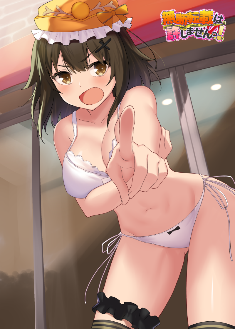 1girl, :o, ass_visible_through_thighs, bangs, bare_arms, bare_shoulders, black_legwear, blush