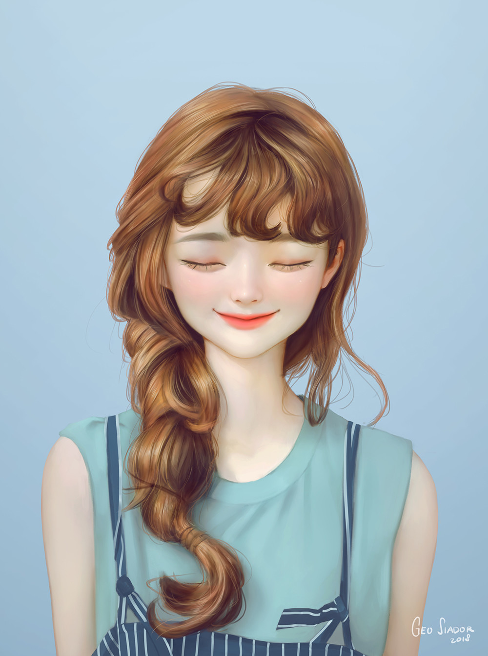1girl, arm_at_side, artist_name, bangs, blue_background, blue_overalls, blue_shirt, braid