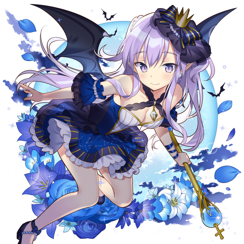 1girl, bare_shoulders, black_wings, blush, breasts, cleavage, demon_girl, demon_wings, detached_sleeves, dress, flower, hair_ornament, highres, holding, long_hair, looking_at_viewer, medium_breasts, miss_barbara, official_art, petals, purple_hair, rie_(reverie), scepter, smile, solo, transparent_background, uchi_no_hime-sama_ga_ichiban_kawaii, violet_eyes, wings