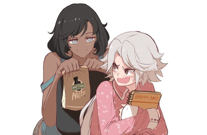 2girls, absurdres, bag, black_hair, blush, caroline_cordovin, dark_skin, dishwasher1910, embarrassed, english_text, eyebrows_visible_through_hair, grey_eyes, highres, maria_calavera, multiple_girls, notepad, object_hug, pajamas, paper_bag, rwby, silver_hair, smirk, white_background, younger