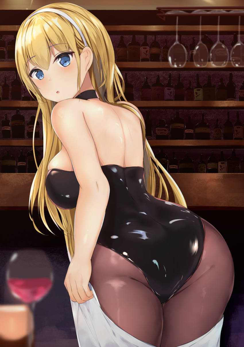 1girl, ass, azur_lane, back, bar, bare_shoulders, black_legwear, blonde_hair