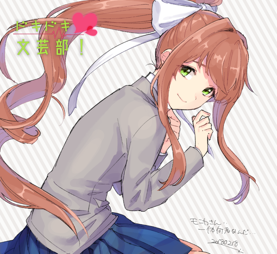 1girl, bow, doki_doki_literature_club, green_eyes, hair_bow, jacket, long_hair, long_sleeves, monika_(doki_doki_literature_club), pleated_skirt, ponytail, school_uniform, skirt, smile, uzura_(bonnet225), very_long_hair, white_bow
