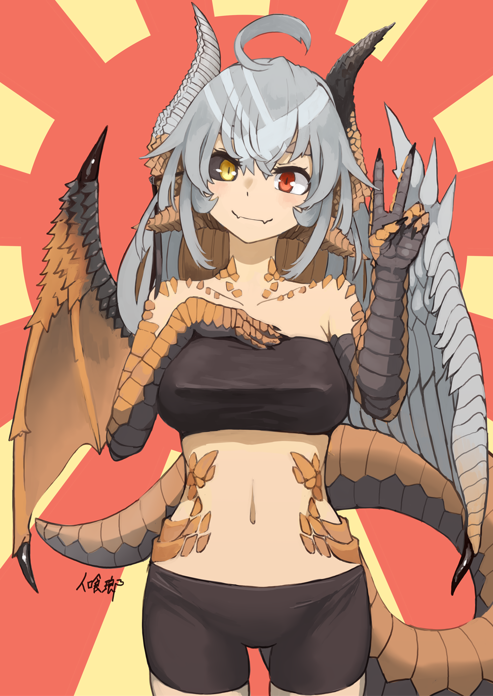 1girl, ahoge, bangs, black_sclera, breasts, closed_mouth, collarbone, commentary_request