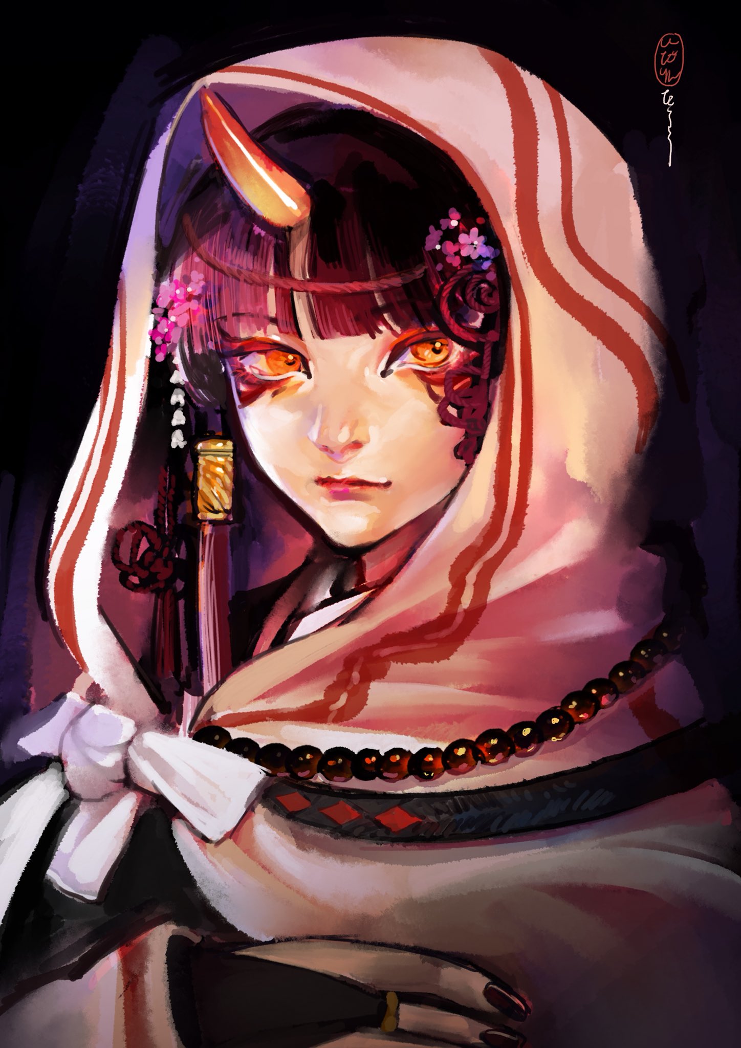 1girl, bangs, beads, black_hair, black_nails, blunt_bangs, hair_ornament, hair_tubes