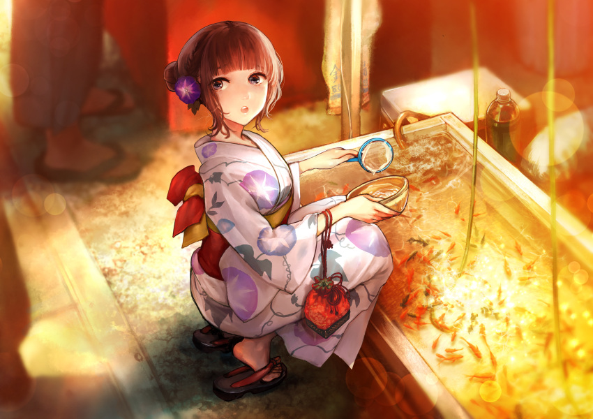 1girl, absurdres, bangs, black_eyes, blunt_bangs, blurry, blush, bottle