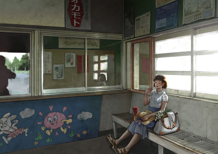 1girl, bag, bench, blue_skirt, bouquet, brown_hair, closed_eyes, fanning_face