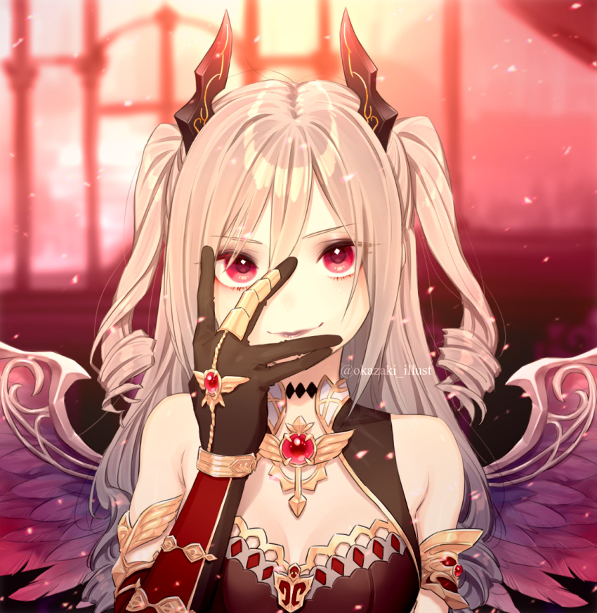 1girl, alternate_costume, asymmetrical_gloves, black_gloves, breasts, cleavage, closed_mouth, dress, drill_hair, elbow_gloves, eyebrows_visible_through_hair, gem, gloves, grey_hair, hair_between_eyes, hand_on_own_face, horns, idolmaster, idolmaster_cinderella_girls, jacket, jewelry, kanzaki_ranko, lipstick, long_hair, long_sleeves, looking_at_viewer, makeup, okazaki_toru, red_eyes, skirt, sleeveless, smile, sparkling_eyes, twin_drills, twintails, twitter_username, white_skirt, wings