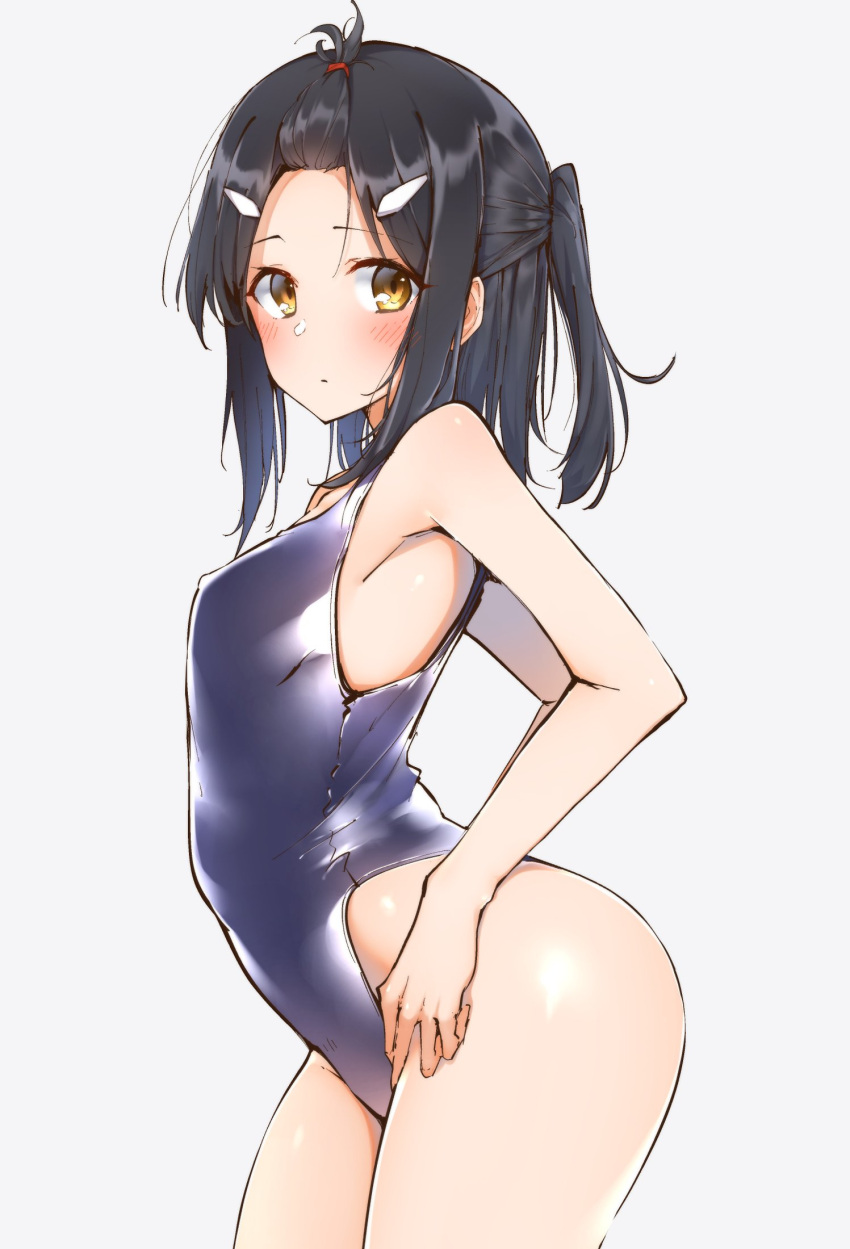 1girl, arched_back, armpits, bare_arms, bare_shoulders, black_hair, blue_swimsuit, blush