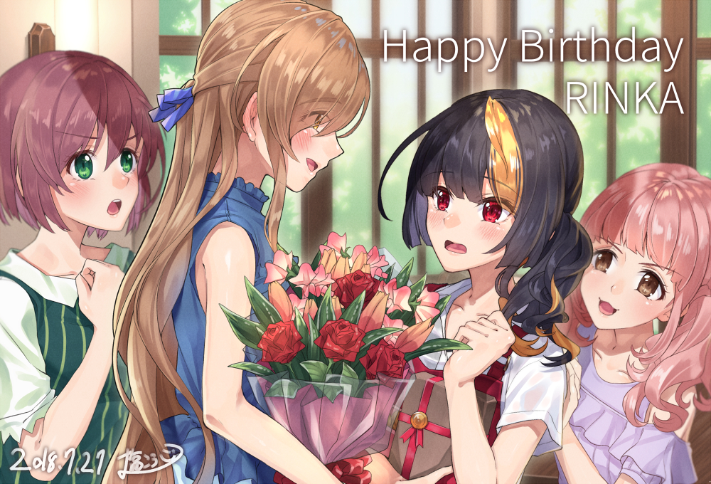 4girls, :3, bangs, black_hair, blonde_hair, blush, bouquet, brown_eyes, collarbone, collared_shirt, commentary_request, dress, eyebrows_visible_through_hair, fatal_twelve, flower, green_eyes, hair_between_eyes, hair_ornament, happy_birthday, hitsuji_naomi, holding, holding_bouquet, long_hair, matsusatoru_kouji, multicolored_hair, multiple_girls, oguma_mao, pink_flower, pink_hair, red_eyes, red_flower, red_rose, rose, shirt, shishimai_rinka, short_hair, skirt, sleeveless, sleeveless_dress, smile, two-tone_hair, white_shirt, yuri