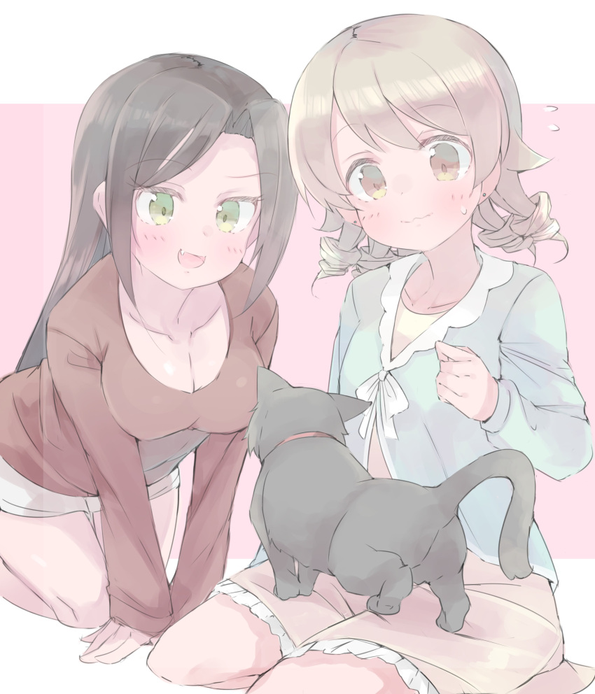 2girls, a_mineha, absurdres, all_fours, black_cat, black_hair, blouse, blue_blouse, blush, breasts, brown_eyes, cat, cleavage, collared_blouse, commentary, cropped_legs, dress, drill_hair, earrings, fang, flying_sweatdrops, green_eyes, highres, idolmaster, idolmaster_cinderella_girls, idolmaster_cinderella_girls_starlight_stage, jewelry, large_breasts, leaning_forward, light_brown_hair, long_hair, long_sleeves, medium_hair, morikubo_nono, mukai_takumi, multiple_girls, pink_background, raised_eyebrow, ringlets, seiza, shirt, simple_background, sitting, stud_earrings, sweatdrop, wavy_mouth, yellow_dress