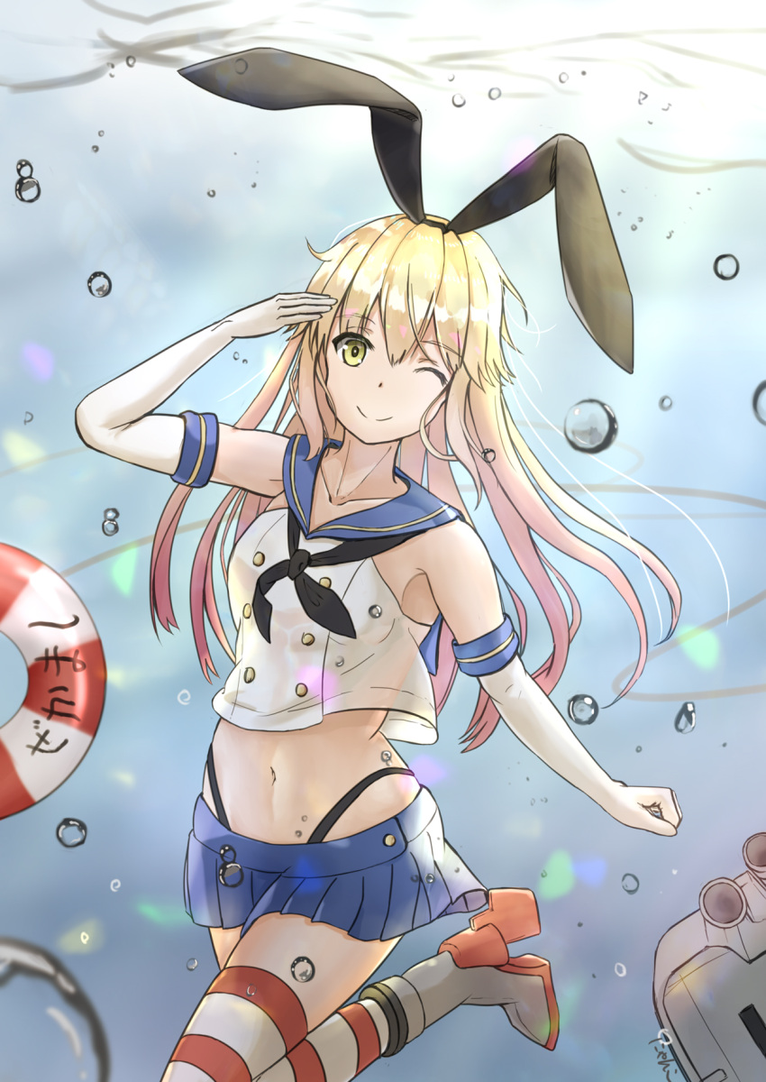 1girl, ;), animal_ears, black_hairband, black_neckwear, black_panties, blonde_hair, blue_sailor_collar