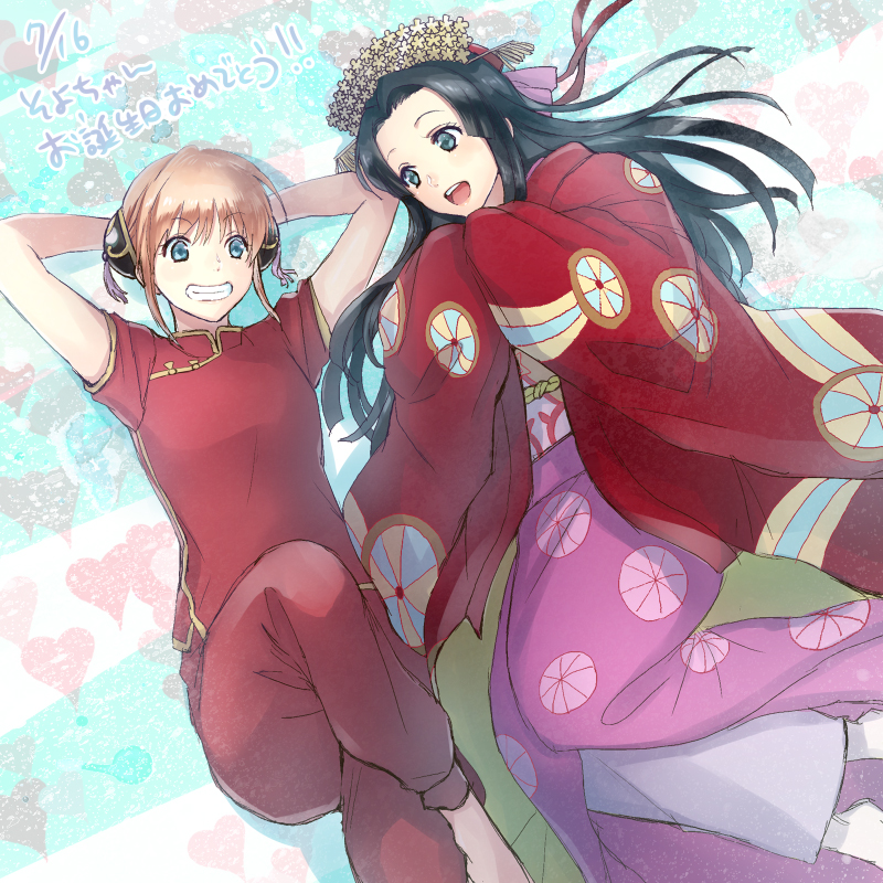 2girls, :d, arms_behind_head, black_hair, blue_eyes, da_raku, double_bun, gintama