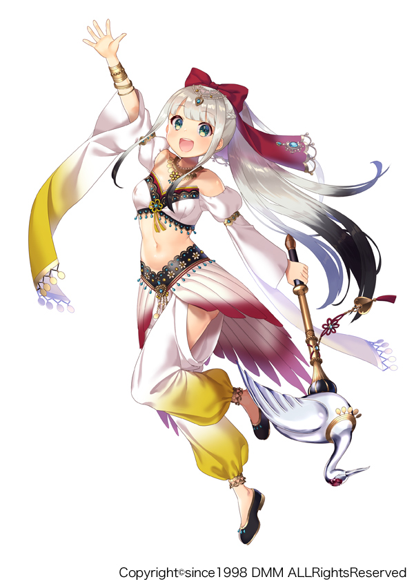 1girl, :d, arm_up, black_footwear, black_hair, bow, braid, flower_knight_girl, gradient_hair, green_eyes, hair_bow, holding, holding_staff, jewelry, long_hair, looking_at_viewer, maijurusou_(flower_knight_girl), midriff, multicolored_hair, navel, necklace, official_art, open_mouth, pants, pico_(p_i_c_o), red_bow, shoes, simple_background, smile, solo, staff, white_background, white_hair