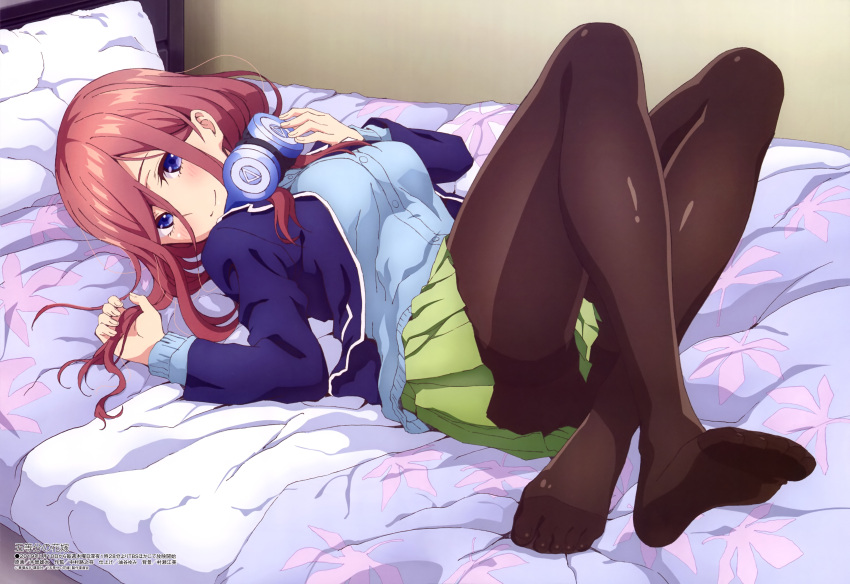 1girl, absurdres, bangs, bed, bed_sheet, blue_eyes, blush, breasts
