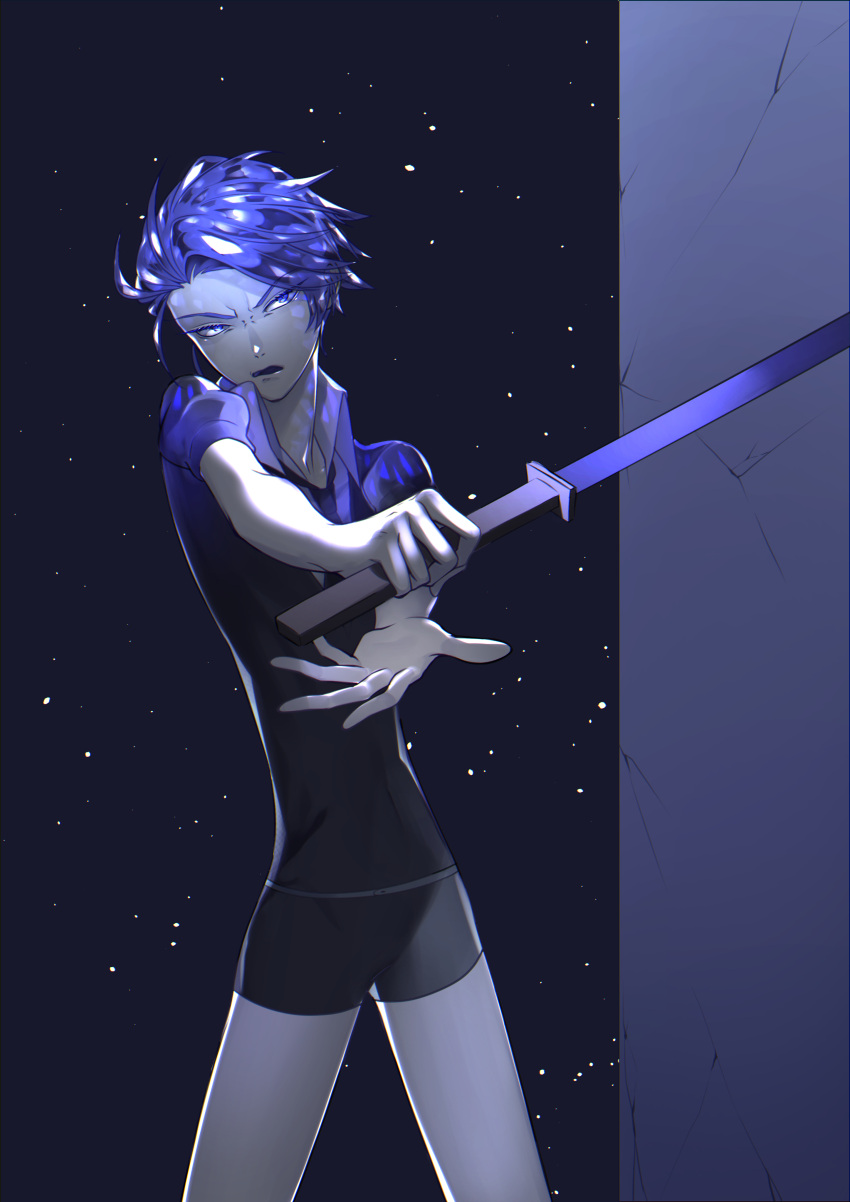 1other, absurdres, androgynous, blue_eyes, blue_hair, blue_zoisite_(houseki_no_kuni), colored_eyelashes, crystal_hair