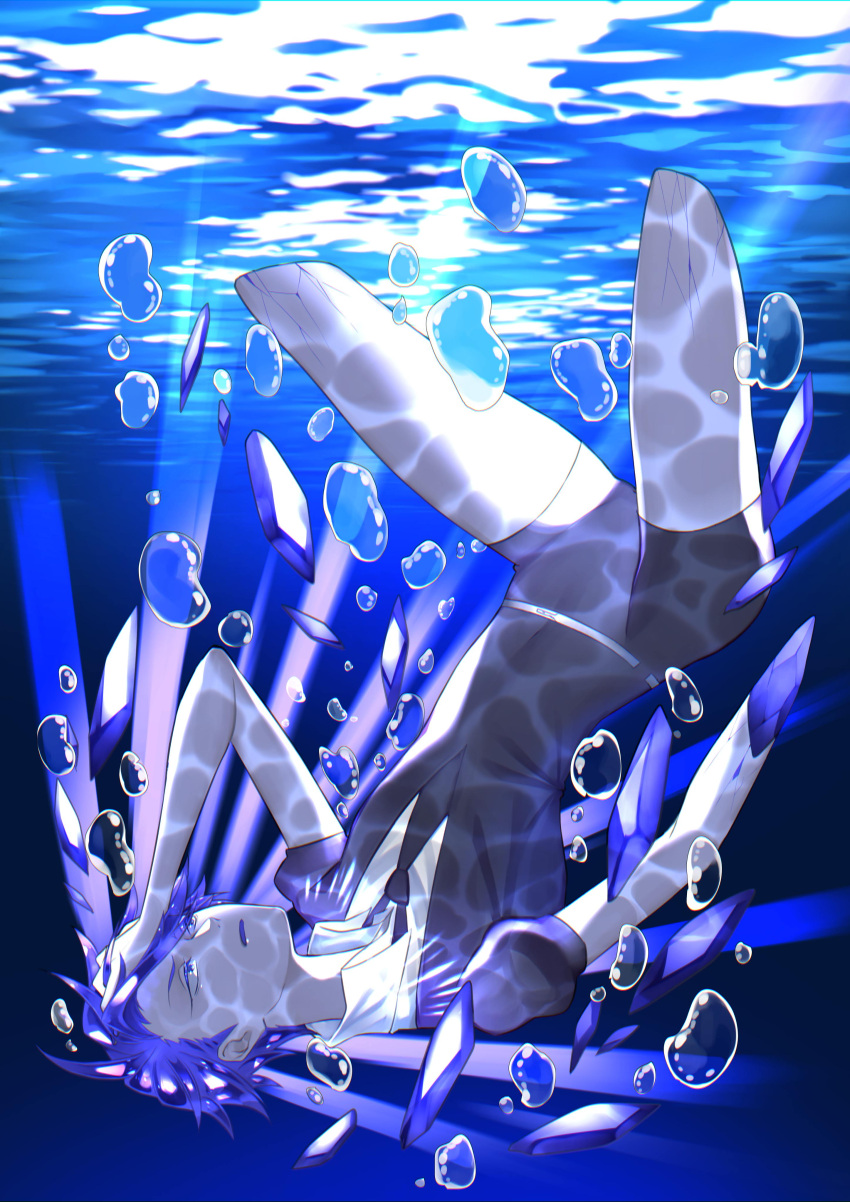 1other, absurdres, androgynous, blue_eyes, blue_hair, blue_zoisite_(houseki_no_kuni), broken, bubble