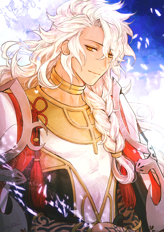1boy, armlet, artist_name, bracelet, braid, closed_mouth, collarbone, commentary_request