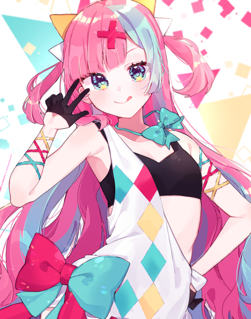 1girl, :q, aqua_bow, aqua_eyes, aqua_hair, aqua_neckwear, arm_ribbon, artist_name