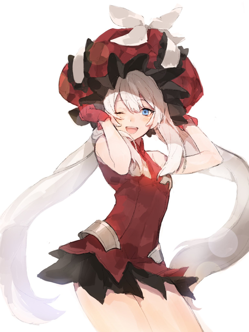1girl, :d, arms_up, bangs, black_skirt, blue_eyes, blush, commentary_request, dress, eyebrows_visible_through_hair, fate/grand_order, fate_(series), gloves, hair_between_eyes, hat, headpiece, highres, ksuga, long_hair, marie_antoinette_(fate/grand_order), one_eye_closed, open_mouth, red_dress, red_gloves, red_hat, silver_hair, skirt, sleeveless, smile, twintails, very_long_hair