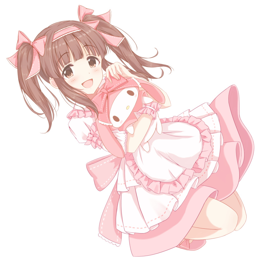 1girl, apron, artist_request, bangs, bare_legs, blunt_bangs, brown_hair, commentary