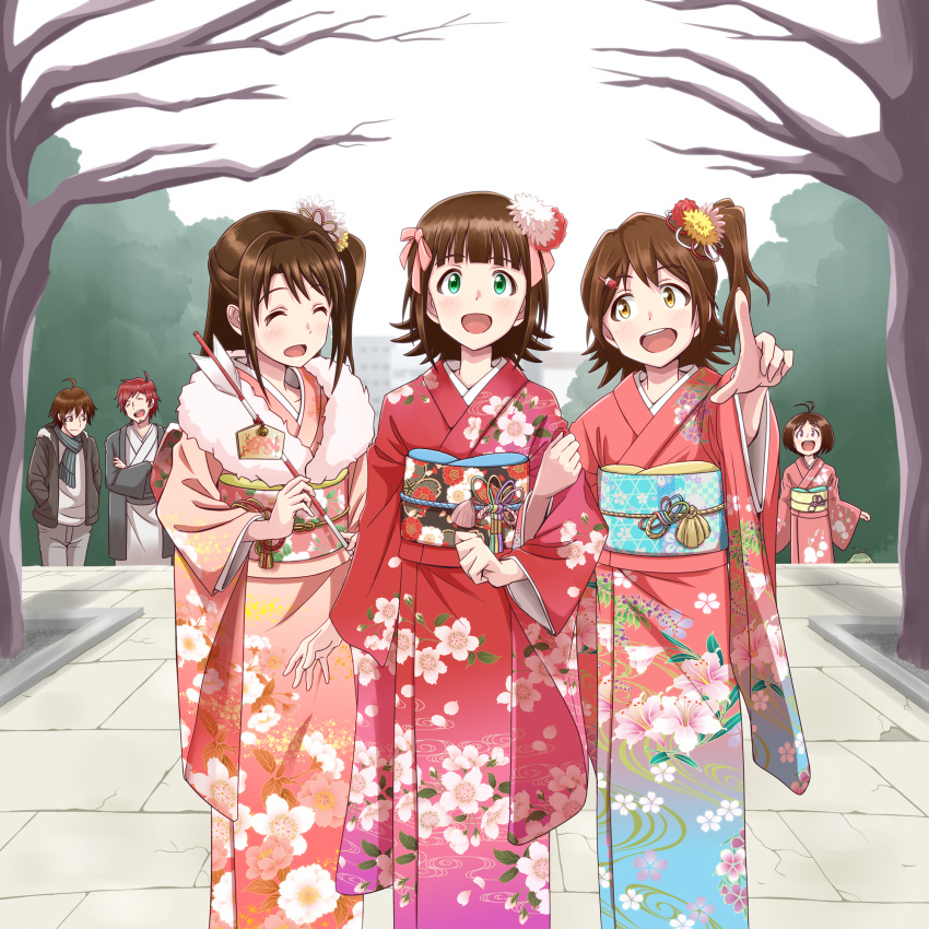 :d, amami_haruka, arrow, bangs, brown_hair, character_request, closed_eyes, crossed_arms