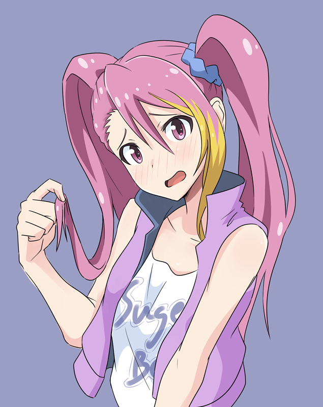 1girl, alternate_hairstyle, bare_shoulders, blue_background, blue_scrunchie, blush, clothes_writing, hair_between_eyes