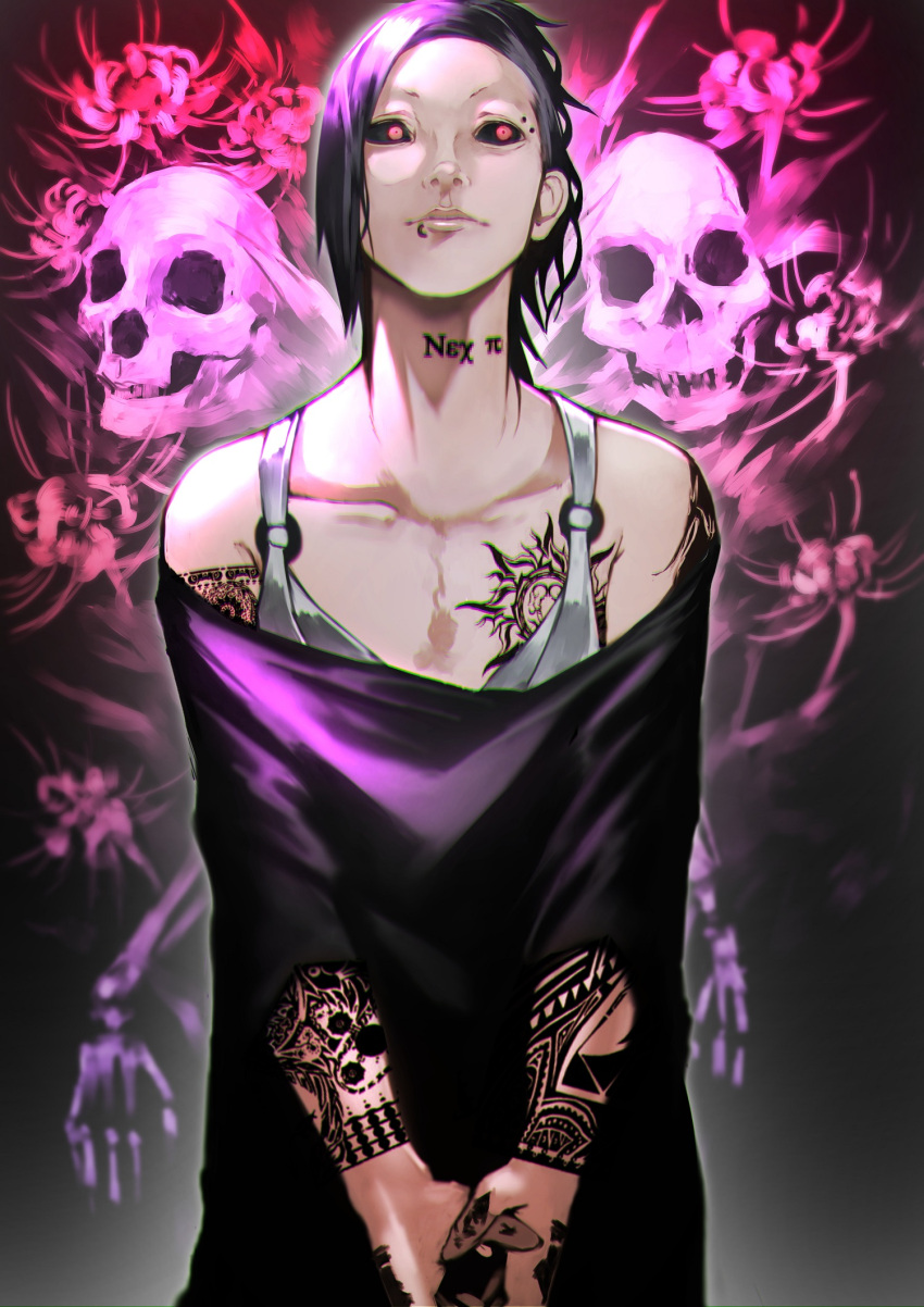 1boy, 55level, arm_tattoo, bare_shoulders, black_hair, black_sclera, black_sweater, chest_tattoo