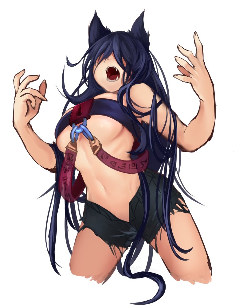 1girl, animal_ears, arms_up, bare_chest, black_bra, black_hair, black_shorts, bra